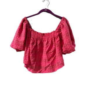 Storia Plaid Elastic Pink Off-Shoulder Puff Sleeve Women's Crop Top